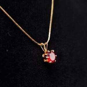 Vintage 1980s-90s Made In Korea Gold Plated Necklace With Red Rhinestone Pendant